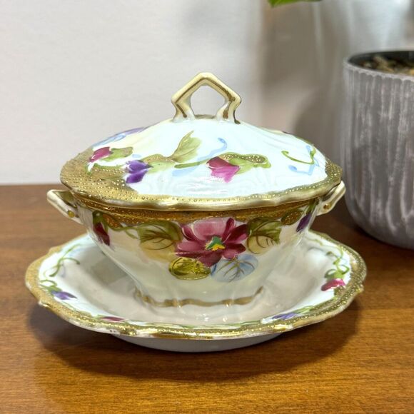 Antique Mikado Japan Condiment Server Vintage Hand Painted with Lid Floral Gold - Picture 2 of 12
